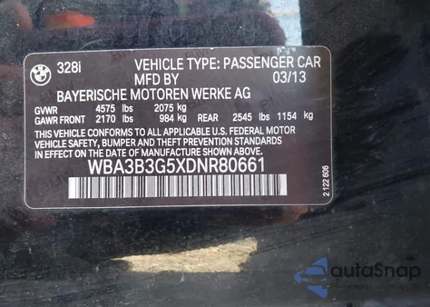 2013 BMW 328I xDrive z USA, uszkodzony, nr VIN WBA3B3G5XDNR80661